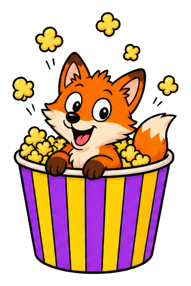 Cartoon fox peeking out of a purple and yellow popcorn bucket with kernels floating around