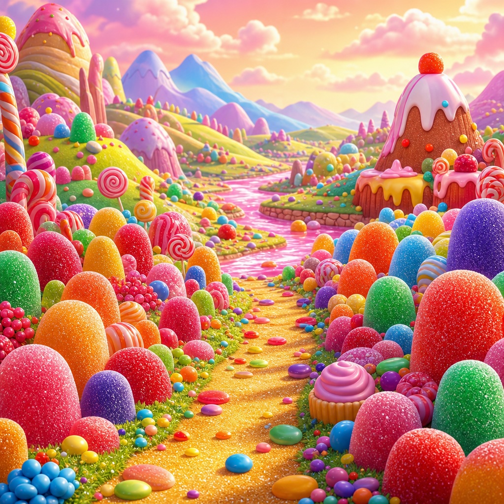 Colorful cartoon candy landscape with gumdrop hills, candy paths, and a sunny meadow.