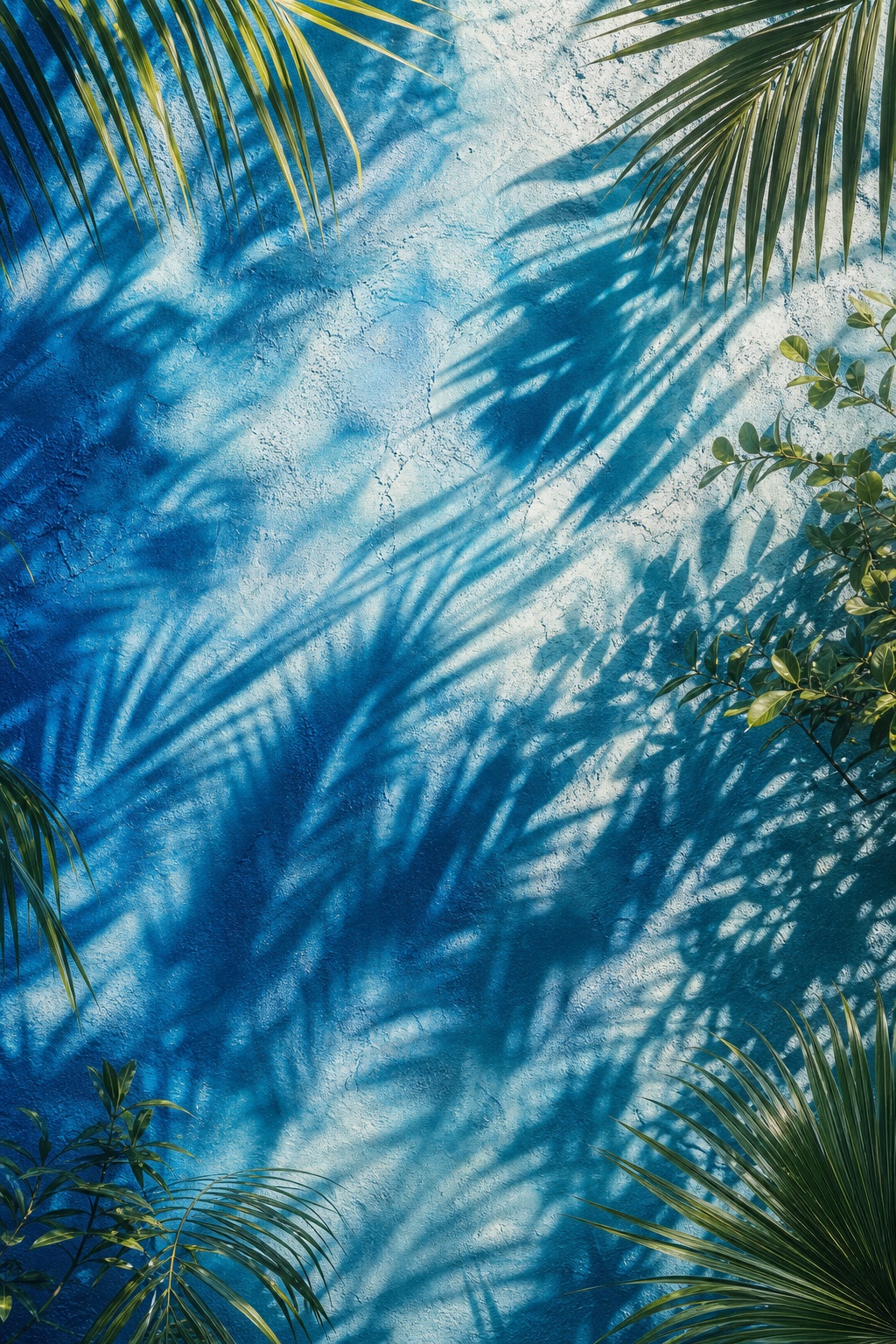 Palm leaf shadows cast across a bright blue lagoon surface with foliage at the edges.