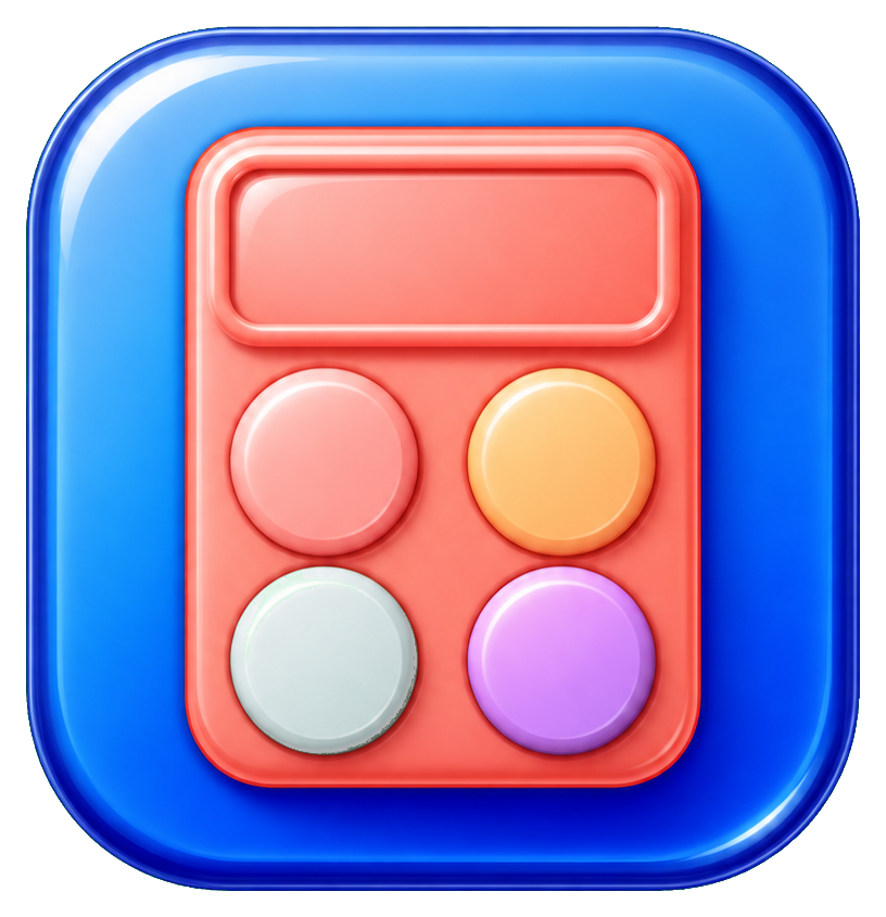 Glossy calculator app icon sticker with four round buttons on a blue rounded square background.