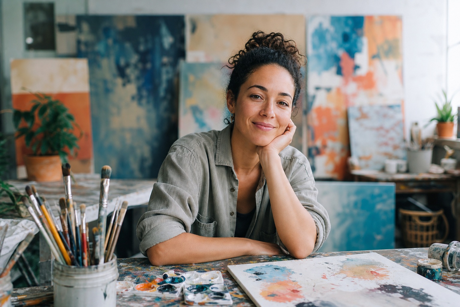 Smiling woman in an artist studio seated at a paint-covered desk with brushes and artwork.