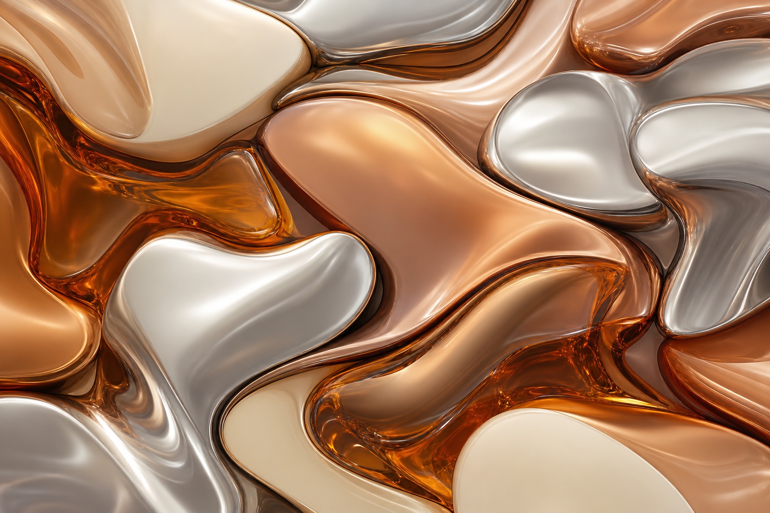 Abstract amber and silver metallic pebble shapes with flowing chrome-like curves