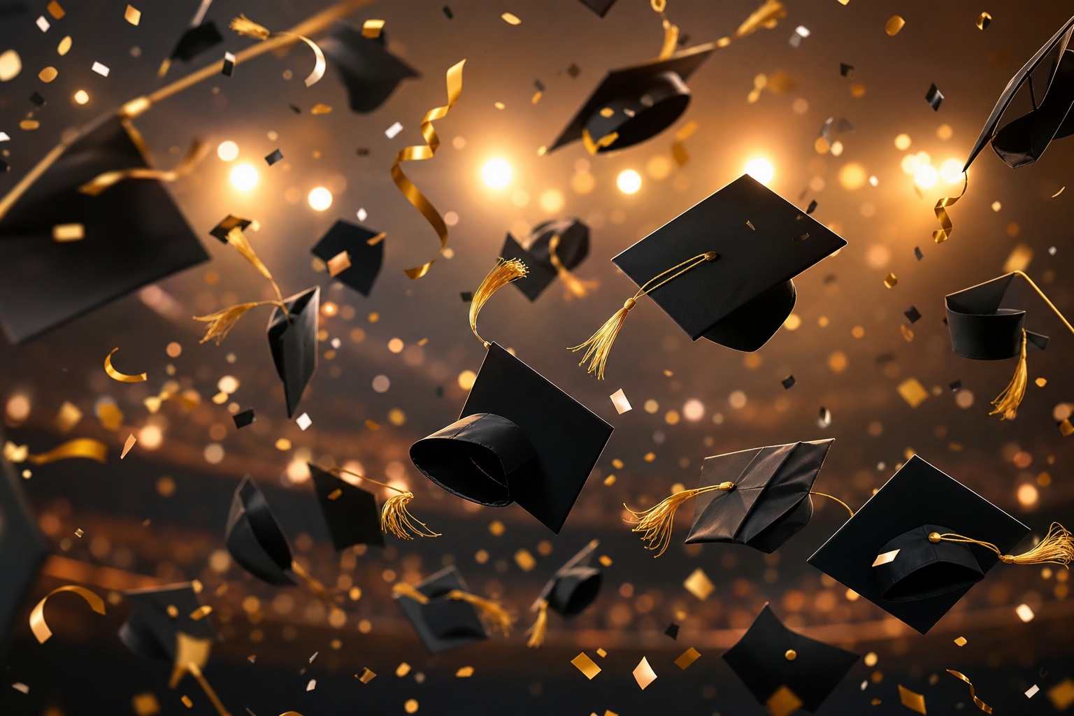 Graduation caps floating over warm bokeh lights with confetti and tassels