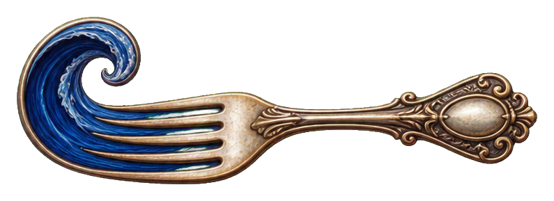 Ornate fork with flowing blue river-like bands and a decorative handle