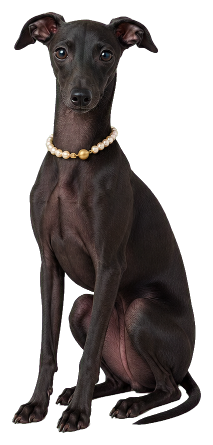 Black Italian Greyhound sitting and wearing a pearl necklace