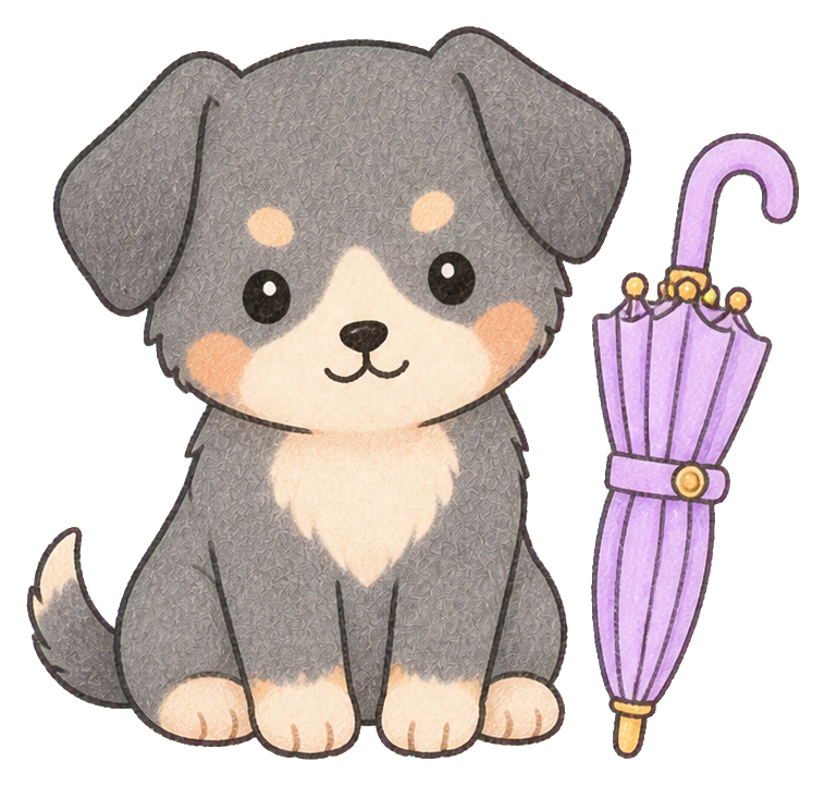 Kawaii puppy sitting beside a purple umbrella sticker