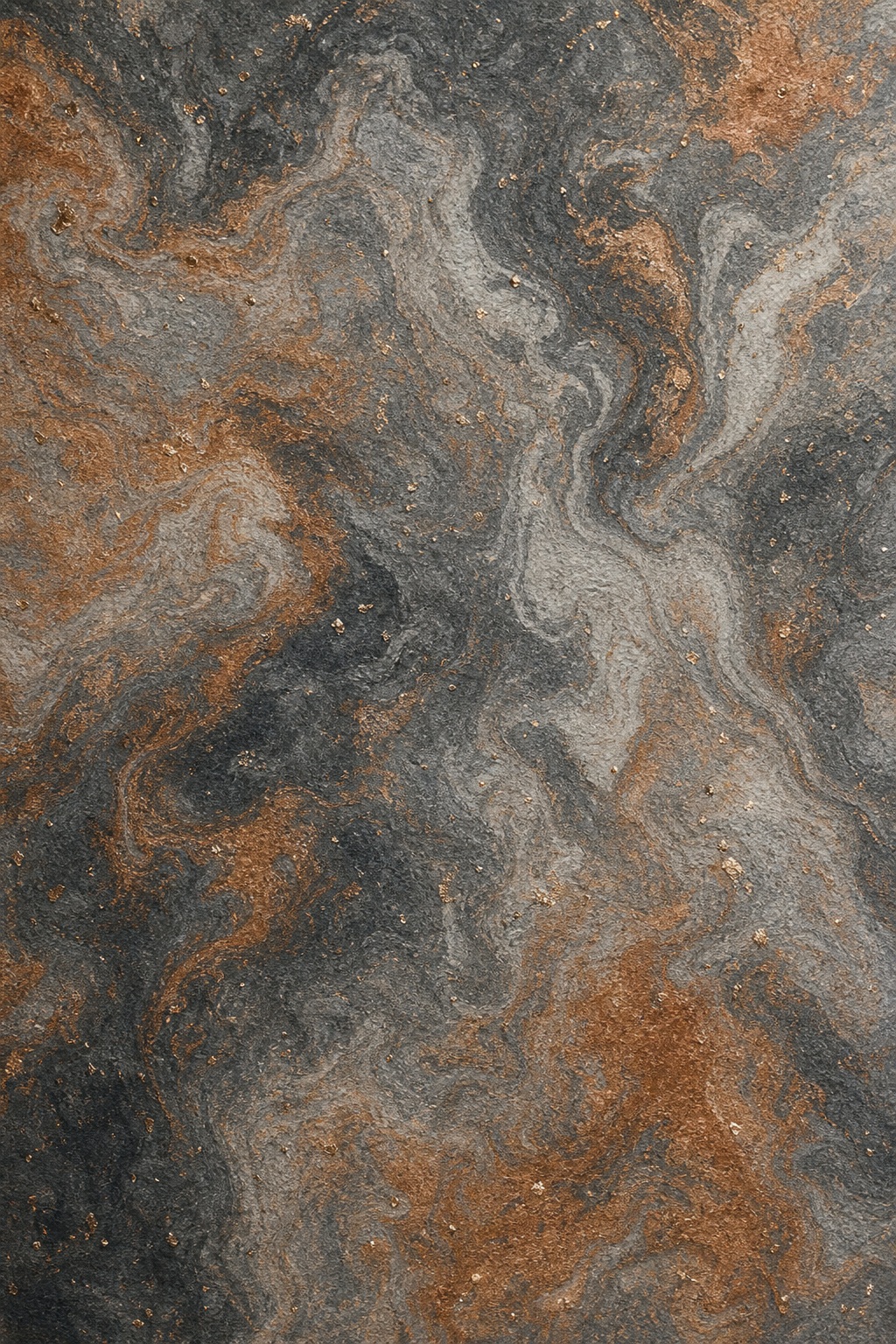 Charcoal and copper marbled paper texture with soft mica flecks and flowing organic swirls