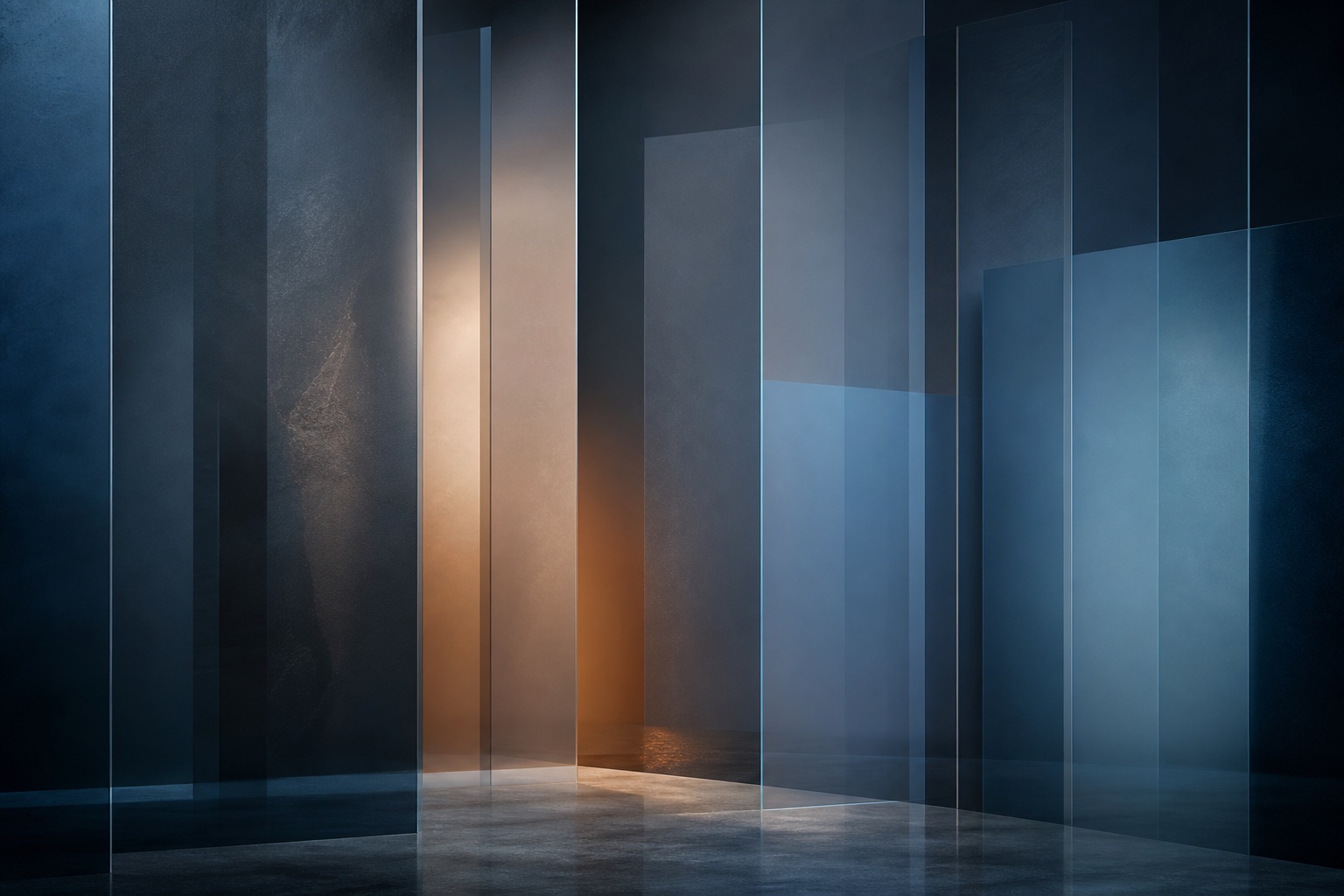 Abstract blue and orange layered light with translucent vertical panels