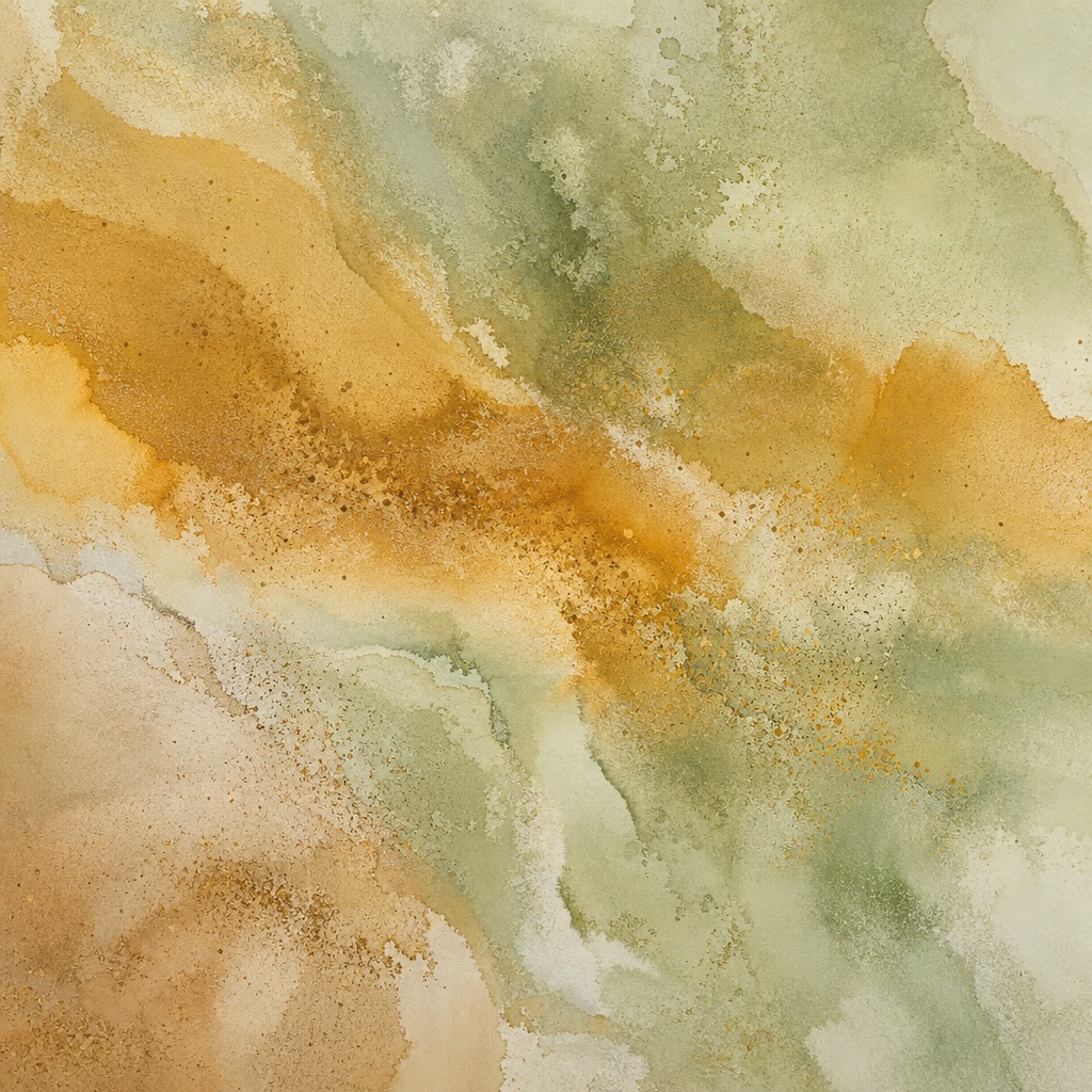 Abstract watercolor-style wash with soft green, gold, and beige mineral pigment textures.
