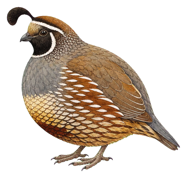 Watercolor illustration of a quail standing in profile with speckled brown feathers.