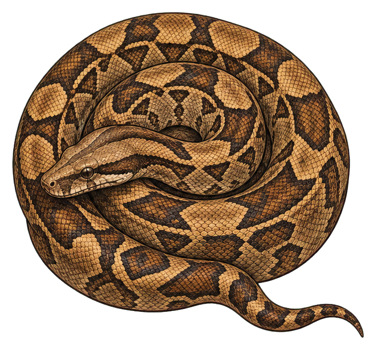 Vintage illustration of a coiled boa constrictor with patterned brown scales.