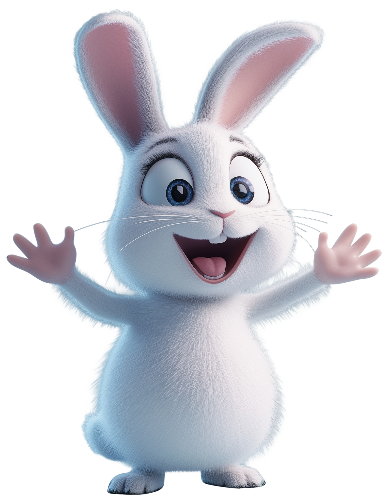 Smiling cartoon rabbit with raised paws and large ears.