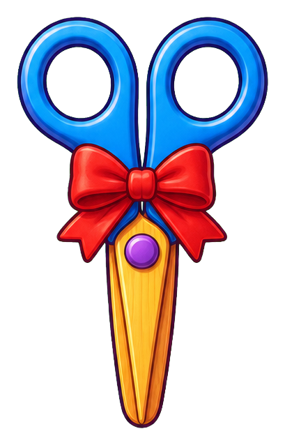 Colorful scissors with a red bow and blue handles on a transparent background