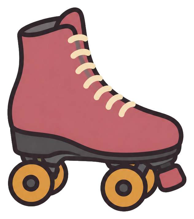 Pink roller skate with four wheels and cream laces in a simple sticker style.