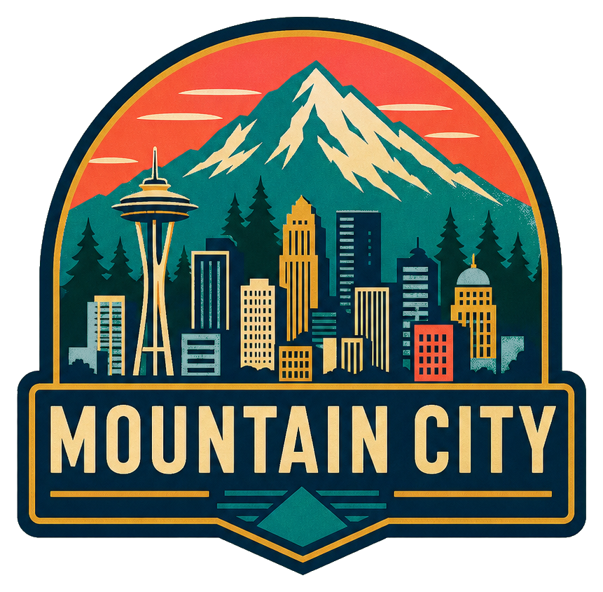 Retro mountain city skyline sticker with tall buildings, a tower, and bold text.