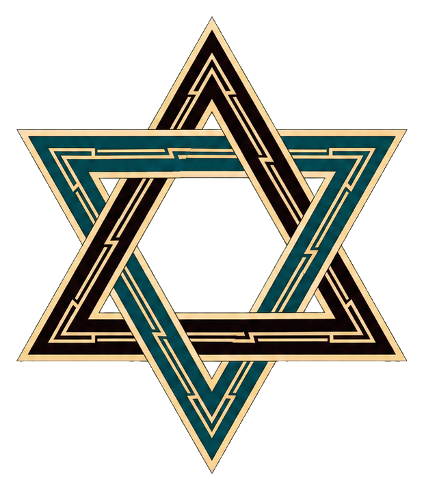 Art deco Star of David made of interlocking gold and teal outlined triangles