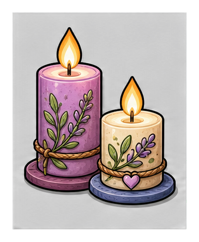 Two lit candles with leaf decorations, one purple and one cream, on a dark background.