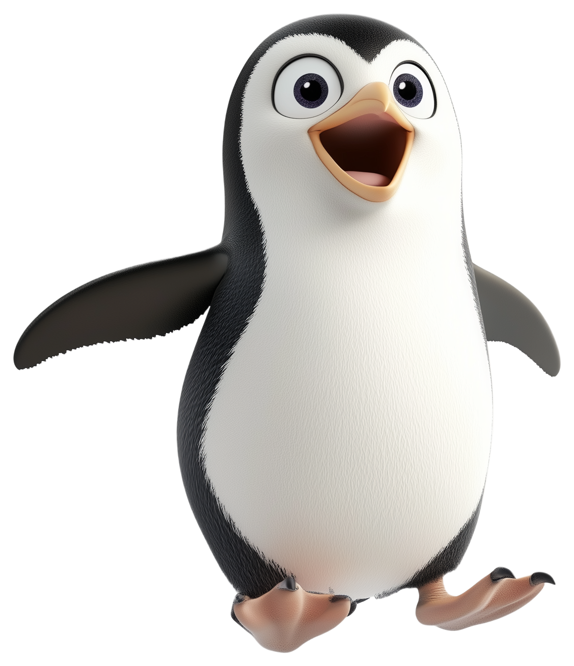 Cute 3D cartoon penguin with open beak, white belly, and small flippers standing upright.