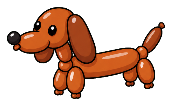Brown balloon dachshund sticker with a playful wacky expression and curled tail.