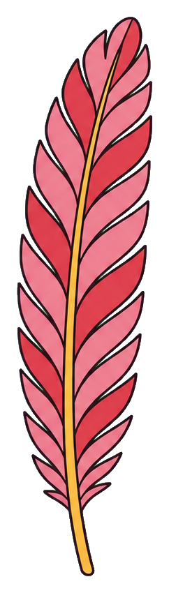 Pink feather sticker with a yellow center stem and black outline
