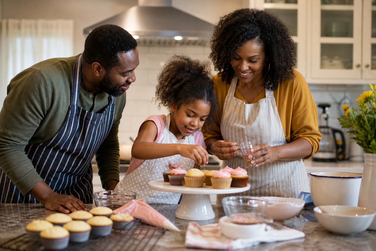 Parents and a child baking cupcakes together in a bright kitchen
