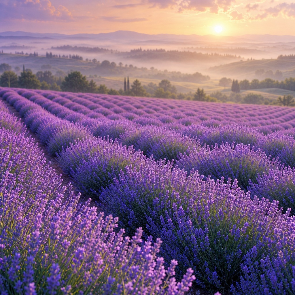 Rows of purple lavender flowers in a misty countryside field at sunrise.