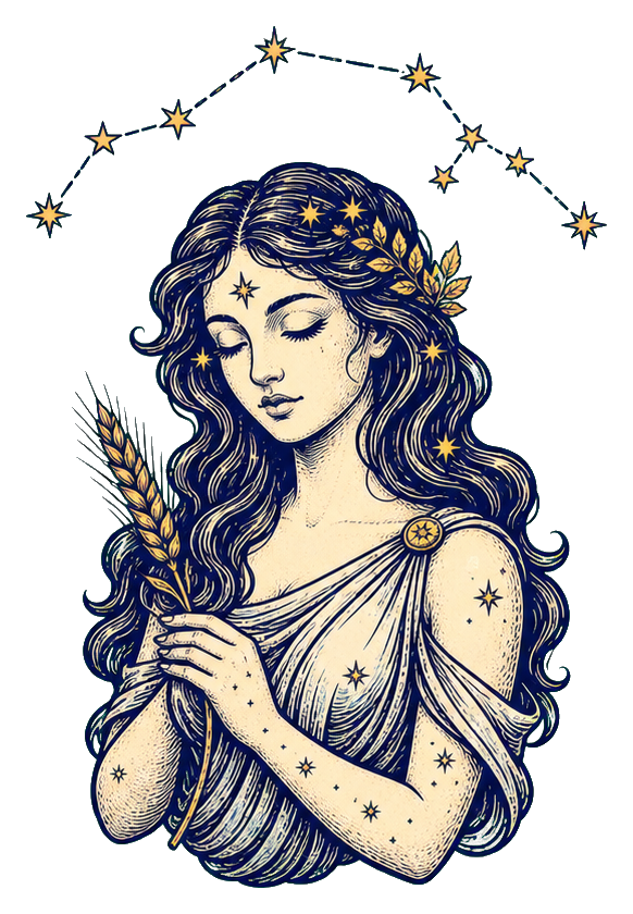 Illustrated Virgo maiden holding wheat with stars and a constellation above her head