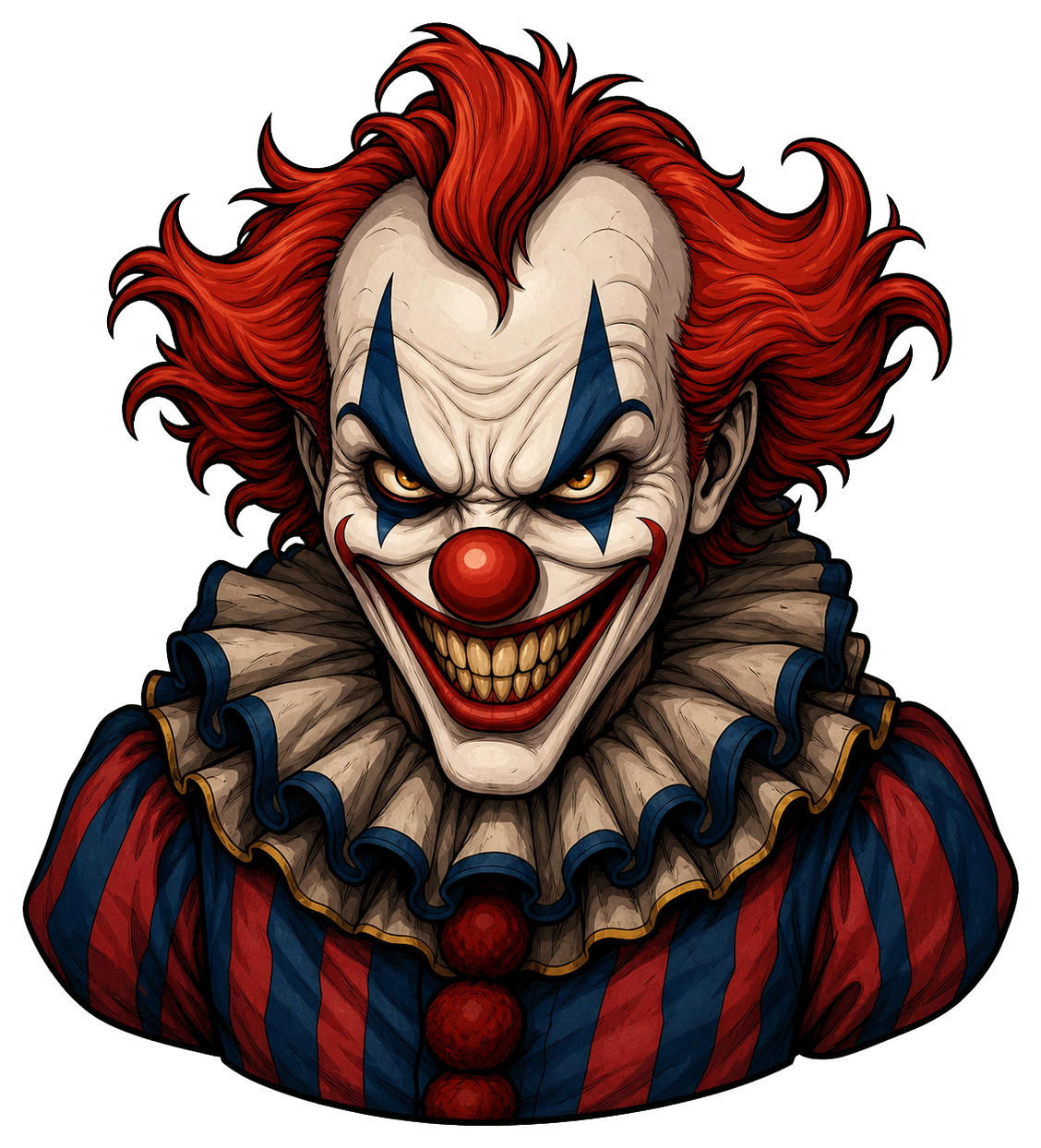 Creepy evil clown bust with red hair, red nose, and a striped collar