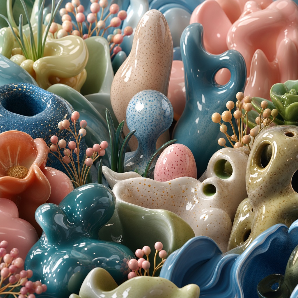 Glossy colorful 3D abstract ceramic blobs and rounded shapes clustered together