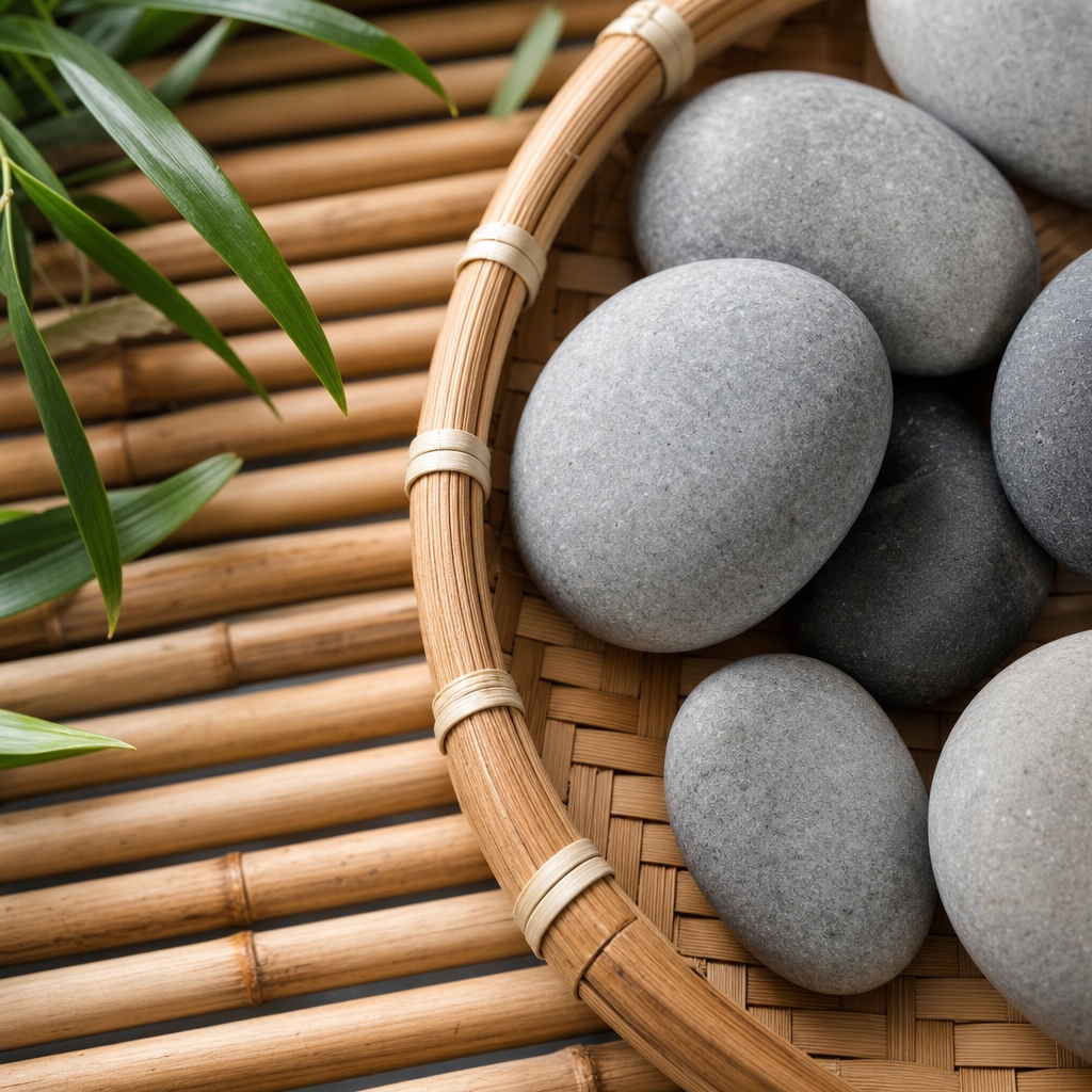 Close-up of bamboo tray with smooth gray stones and soft natural light.