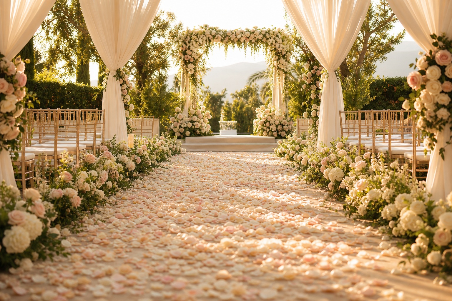 Elegant wedding aisle lined with flowers and scattered petals under draped fabric