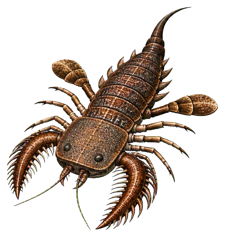 Spine-armed prehistoric sea scorpion with a segmented brown body and long legs