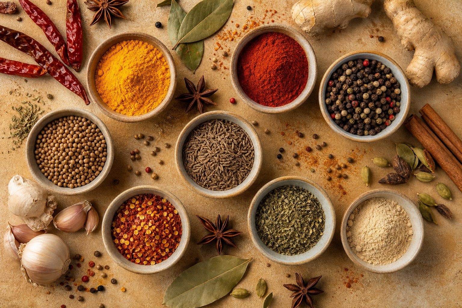 Overhead view of unlabeled spice bowls and cooking ingredients on a rustic tabletop.