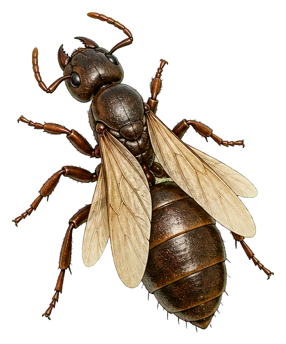 Detailed brown giant queen ant with wings shown on a transparent background