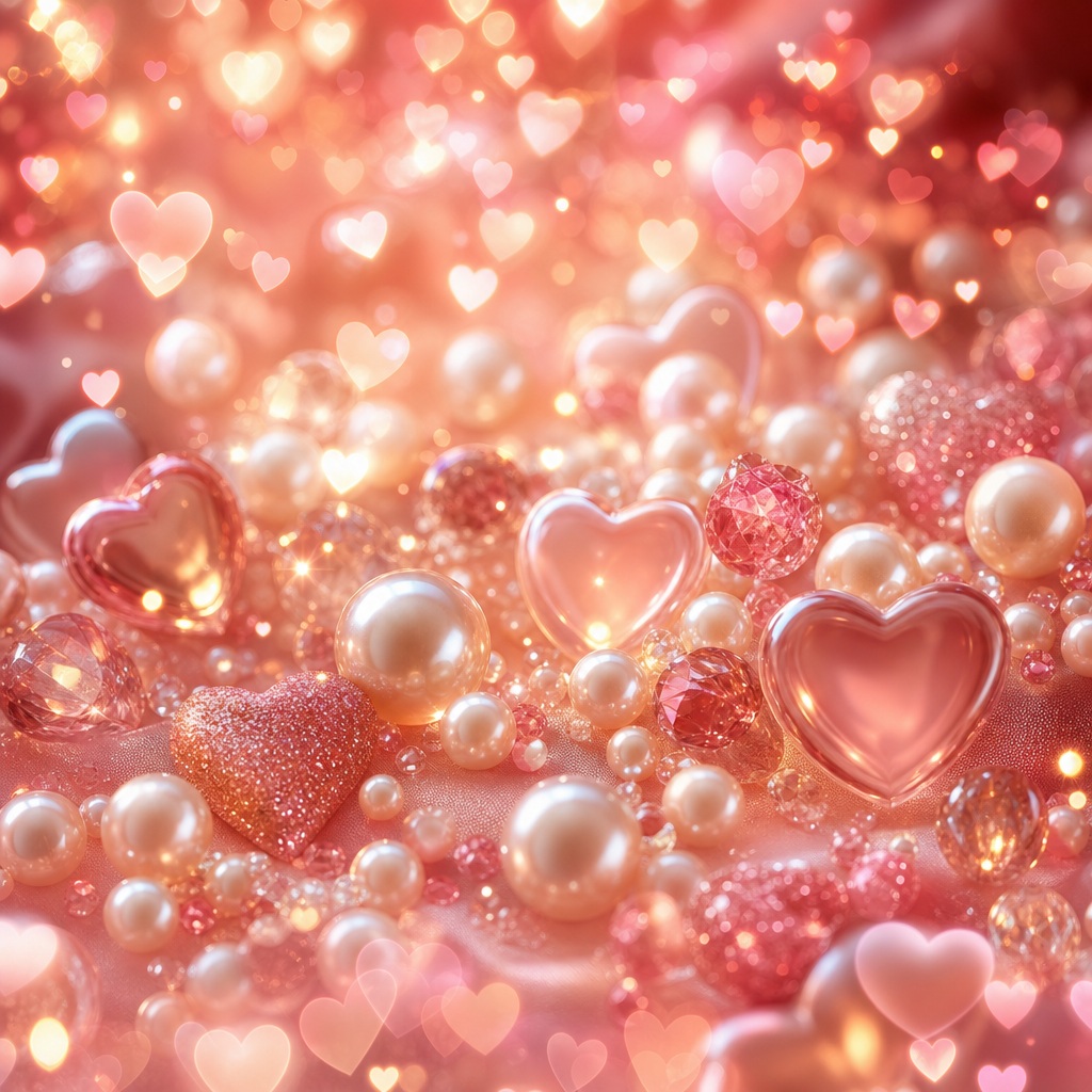 Pink romantic heart bokeh with glowing lights, pearl accents, and soft heart shapes