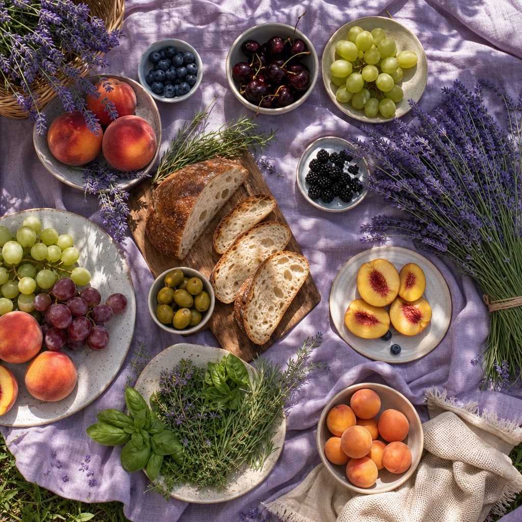Preview for Lavender Linen Fruit And Bread Stock Background