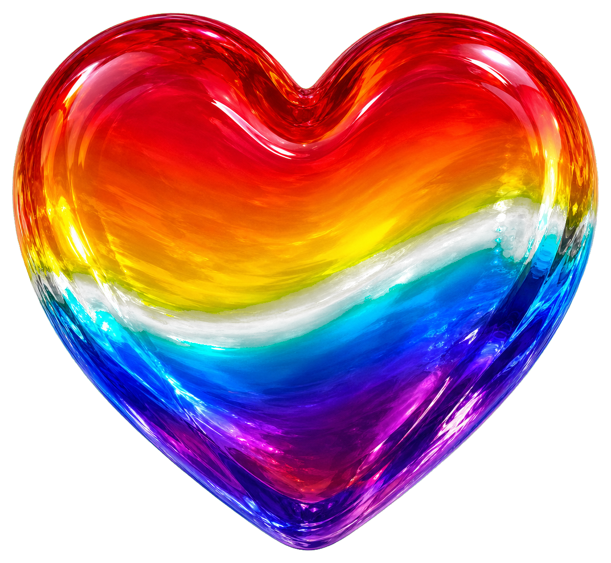 A glossy rainbow heart sticker with red, orange, yellow, green, blue, and purple bands