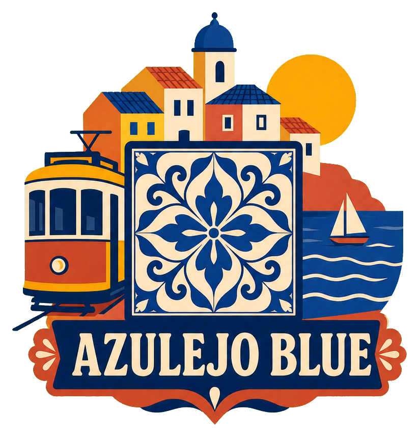 Illustrated Lisbon word art with azulejo tile, tram, sailboat, and buildings in blue and orange.
