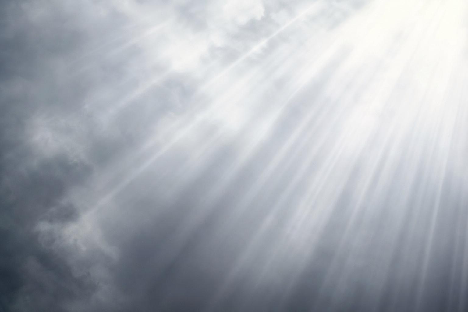 Soft white light rays streaming through a dark foggy background