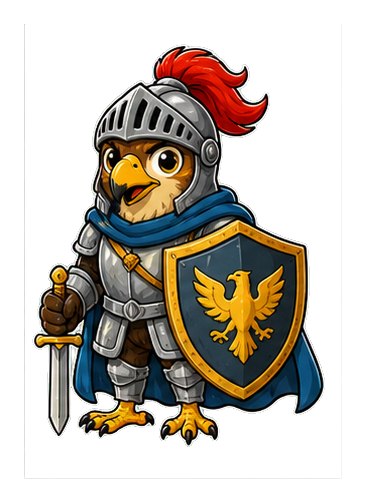 Cartoon hawk wearing knight armor with shield, sword, and red plume helmet