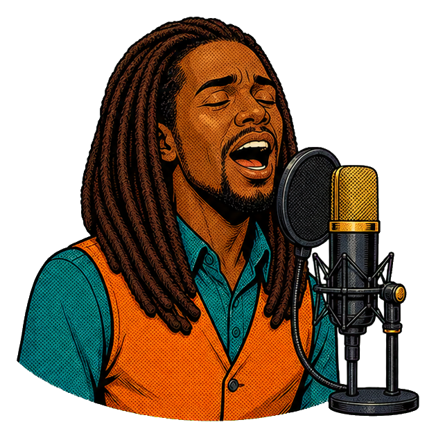 Illustrated hip hop singer with long orange locs singing into a microphone