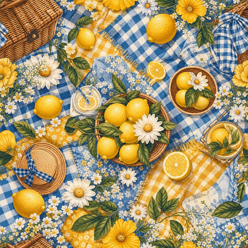 Blue gingham picnic blanket with lemons, daisies, and summer picnic items