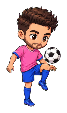 Cute cartoon soccer player juggling a black and white soccer ball.