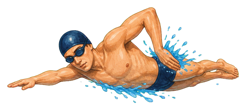 Swimmer performing a side stroke in a blue cap and swim trunks