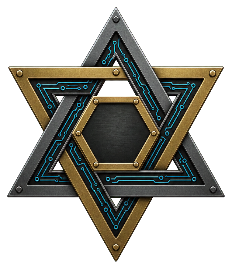 Metallic interlocking Star of David with gold and blue mechanical detailing on a dark background
