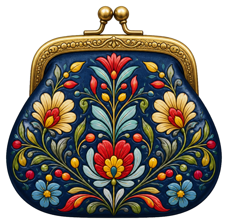 Colorful folk art coin purse with gold frame and floral painted details