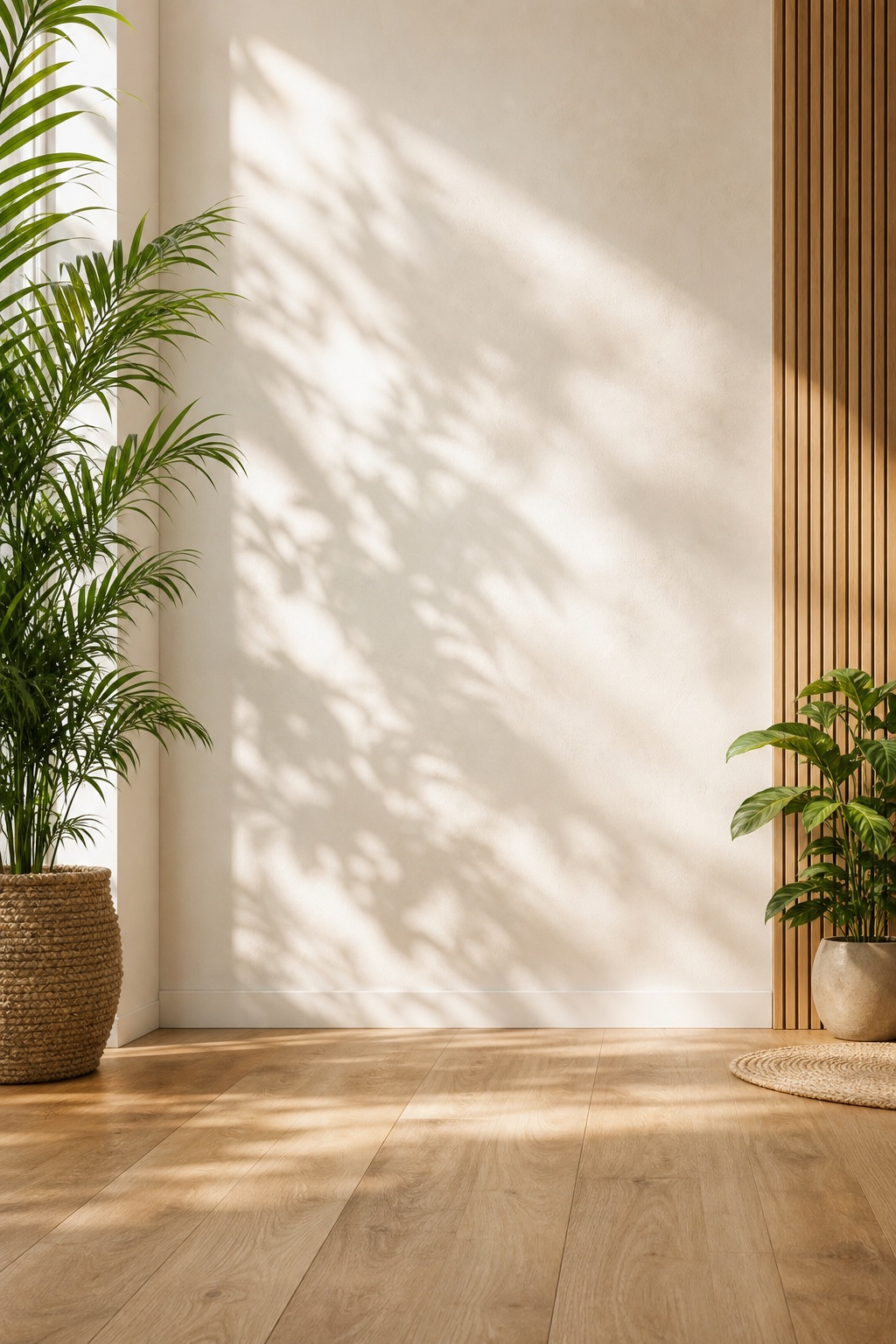 Sunlit quiet room with plant shadows on a wall and wooden floor