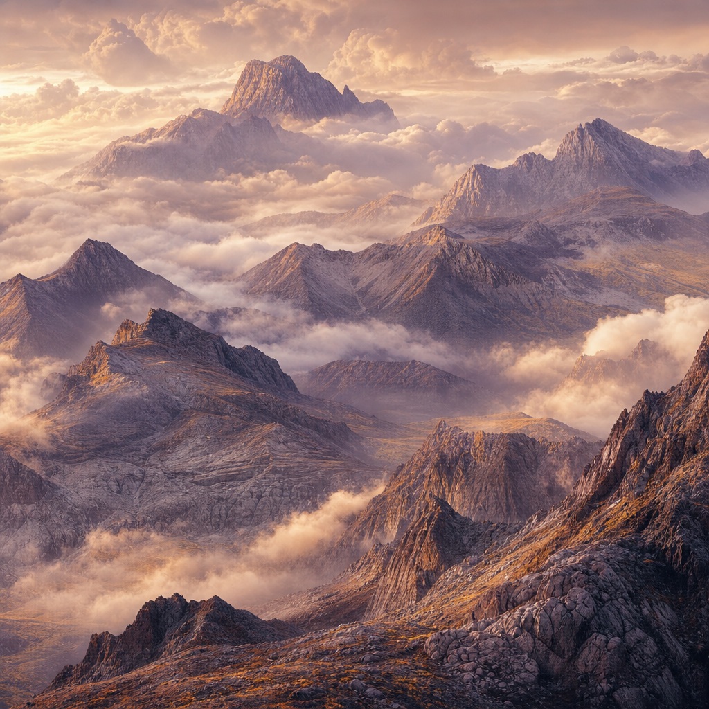 Futuristic mountain peaks rising above clouds in warm amber twilight light.