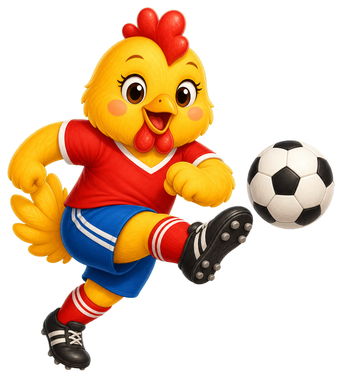 Cute cartoon chicken in a soccer uniform kicking a black and white ball.