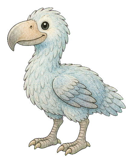 Cute pale blue terror bird with fluffy feathers, large beak, and clawed feet.